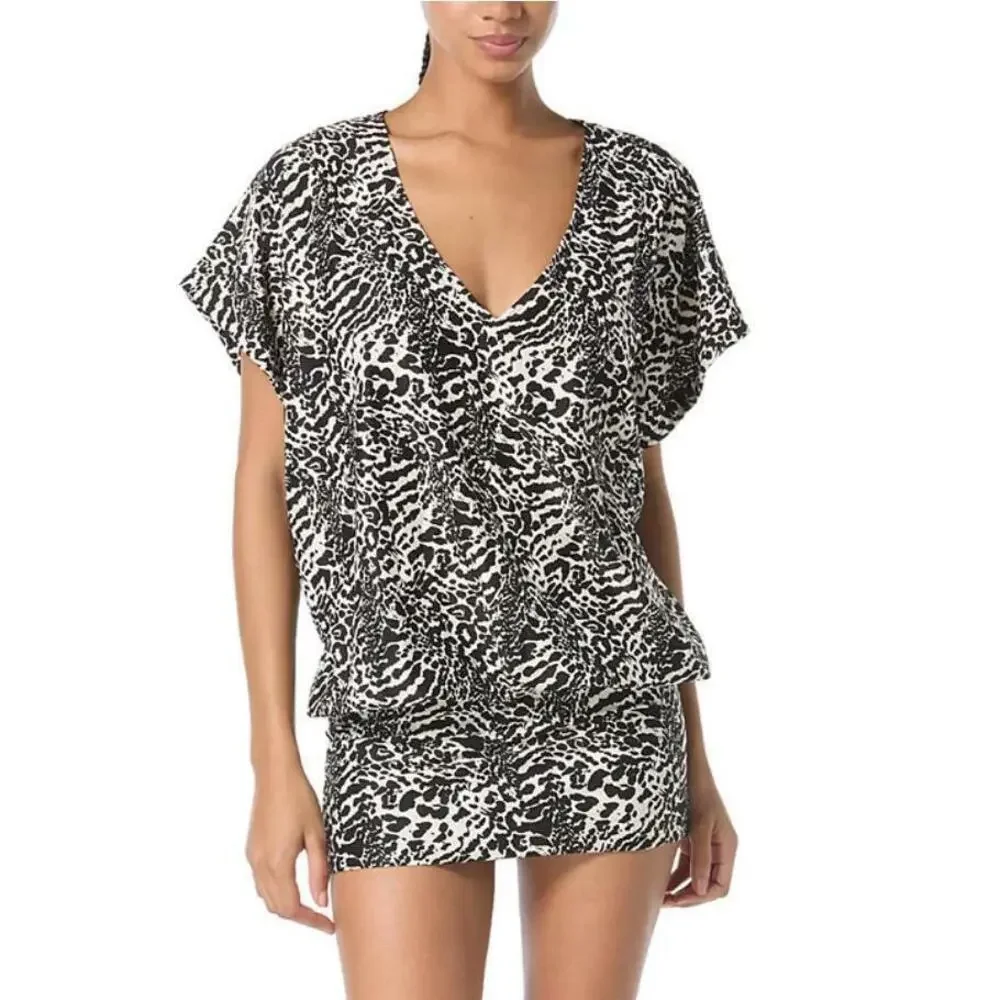 Michael Kors Women's Printed V-Neck Black/White Cover-Up Dress L